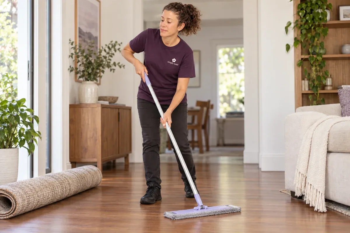 A cleaner dust-mops a timber floor after moving the rug aside.