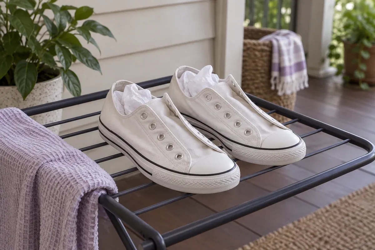 Unlaced canvas shoes drying on a rack in shade.