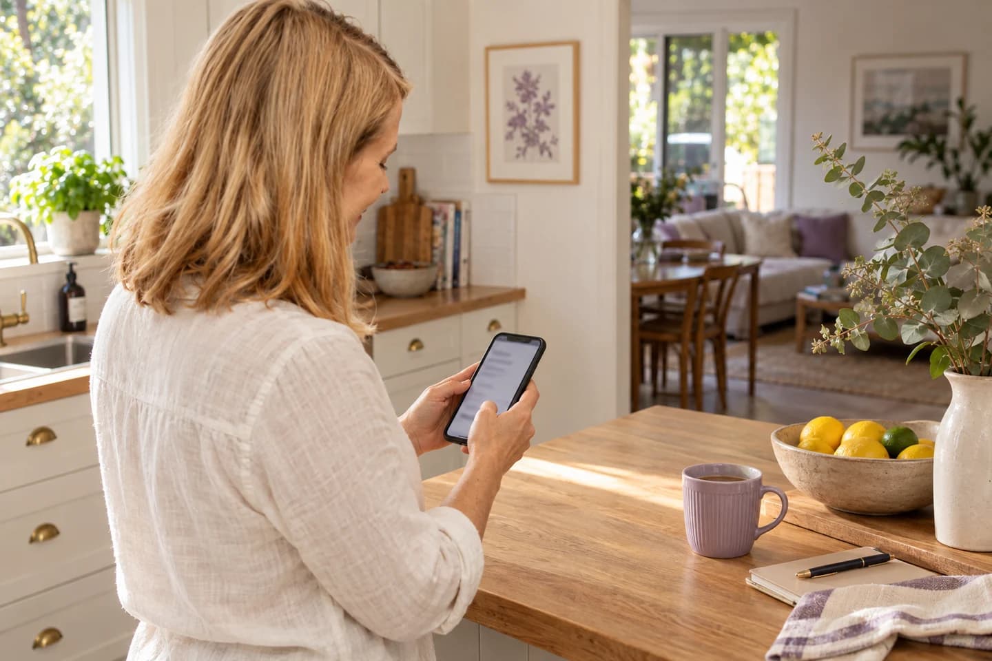 A person considering arrangements on their phone at a kitchen table in a comfortable home.