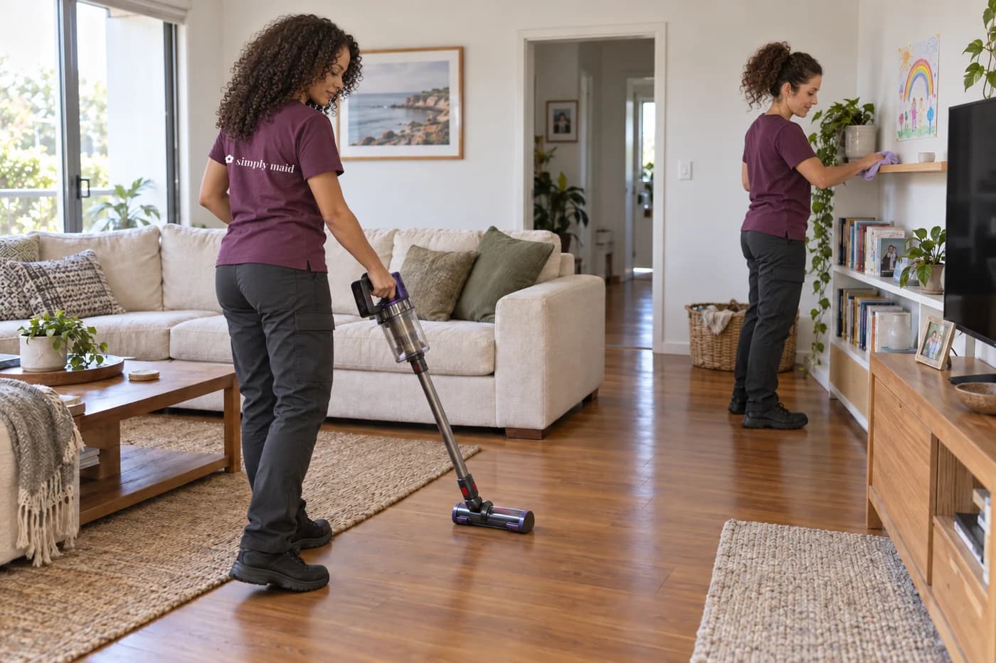Two cleaners in plum Simply Maid shirts vacuuming a timber floor and dusting in a lived-in home.