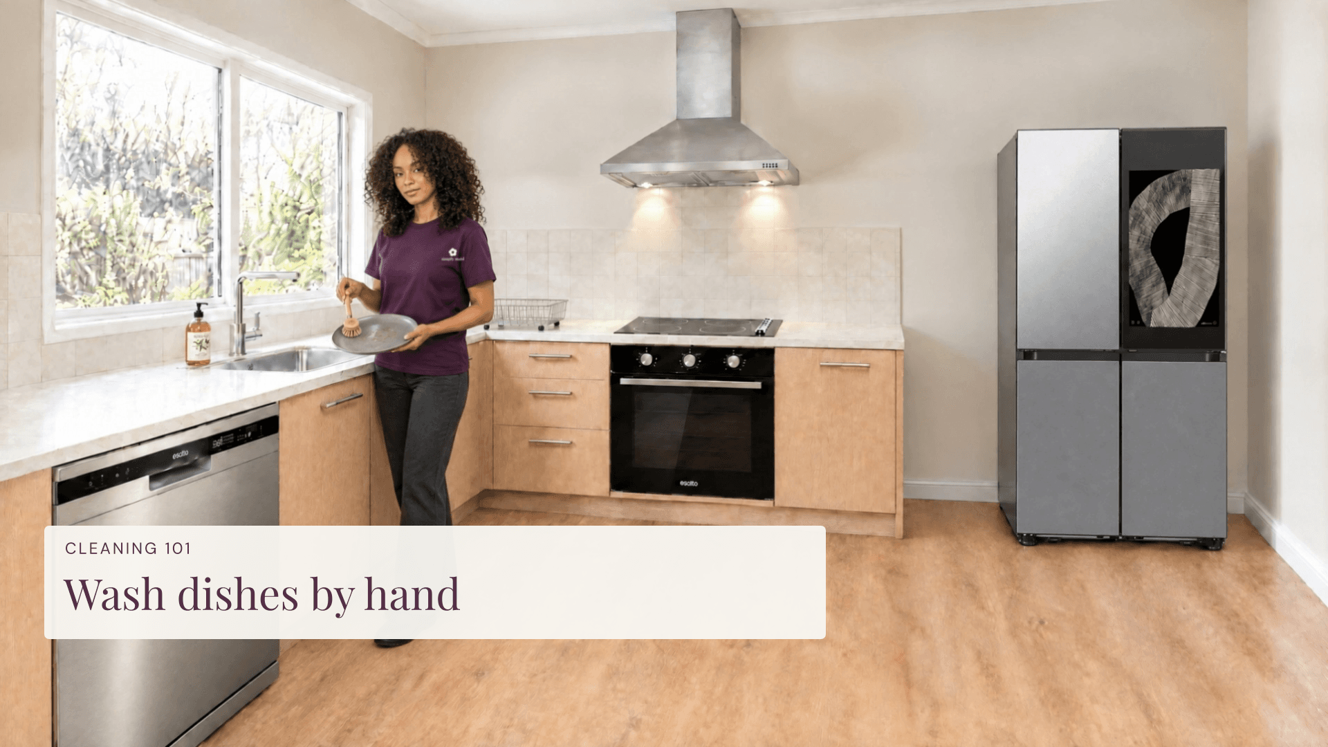 Simply Maid cleaner demonstrates washing a plate with a dish brush in the Samsung Family Hub kitchen.