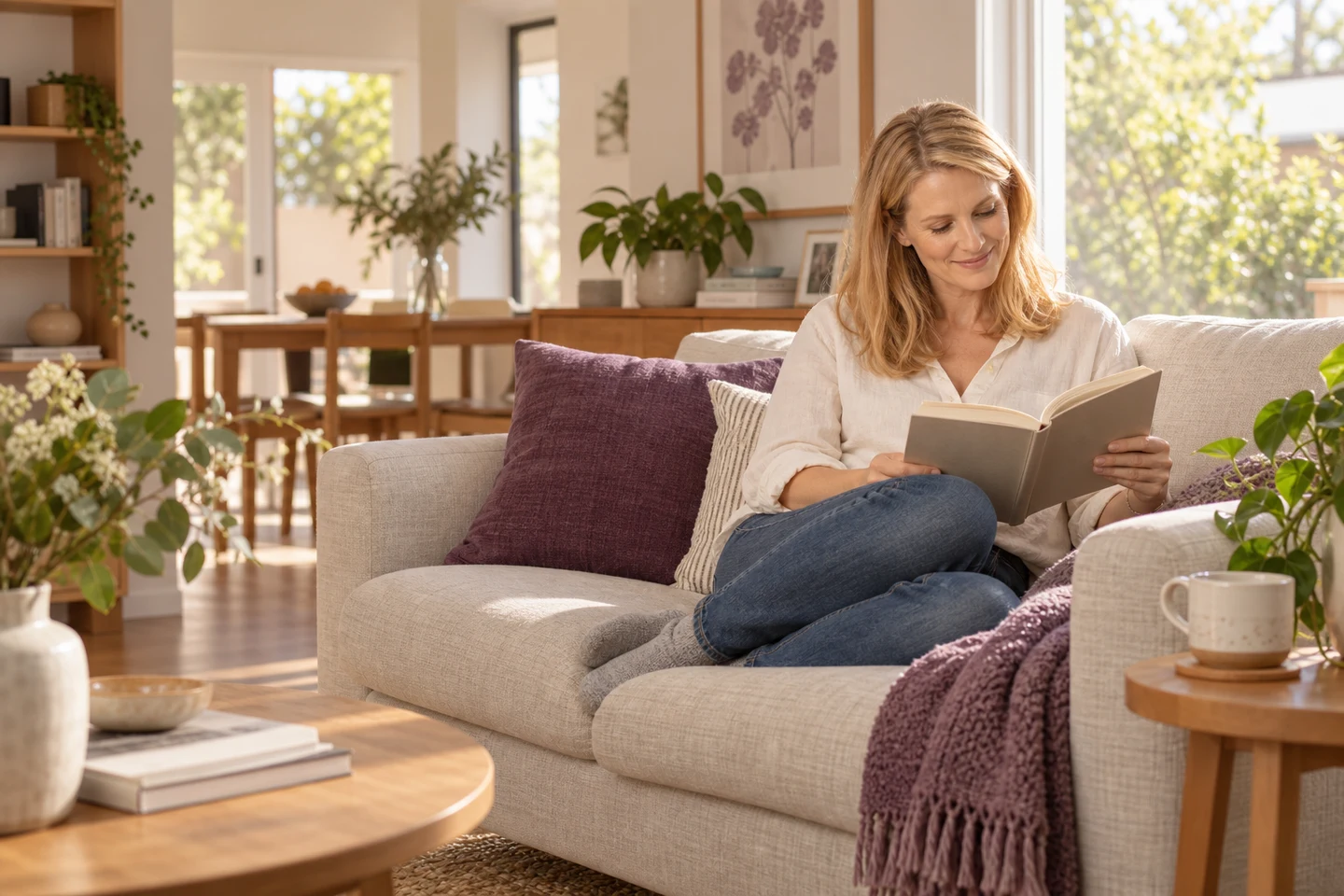 Illustrative campaign scene: a quiet moment with a book at home