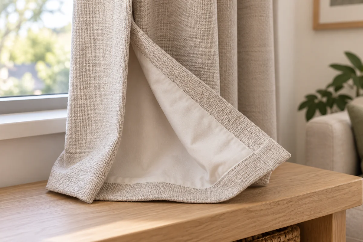 Oatmeal curtain fabric folded back to show its pale lining beside a window.