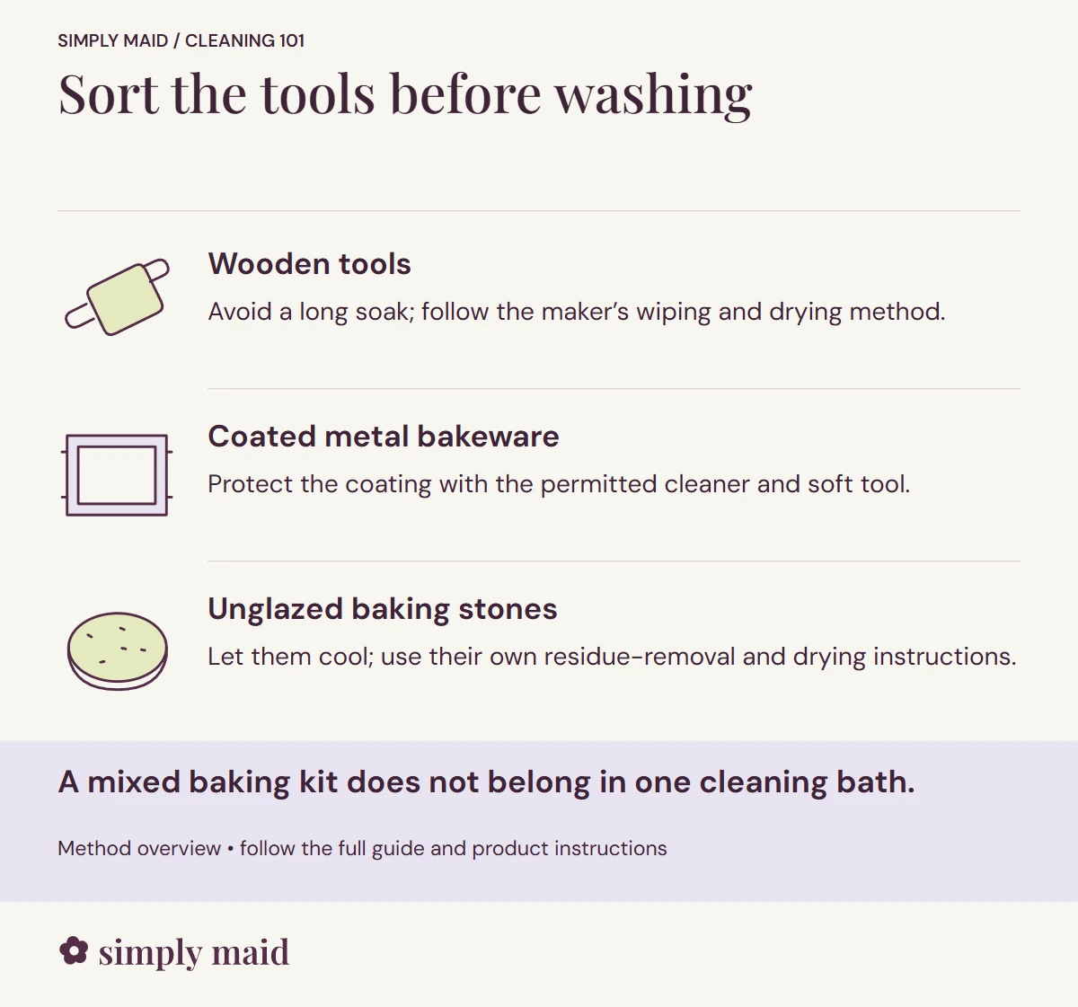 Sort the tools before washing. A mixed baking kit does not belong in one cleaning bath.