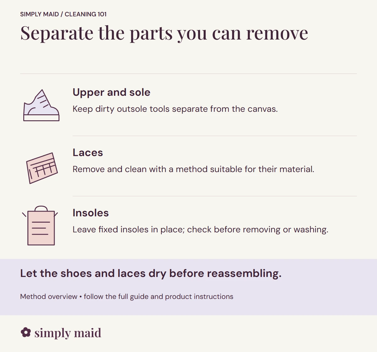 Separate the parts you can remove. Let the shoes and laces dry before reassembling.