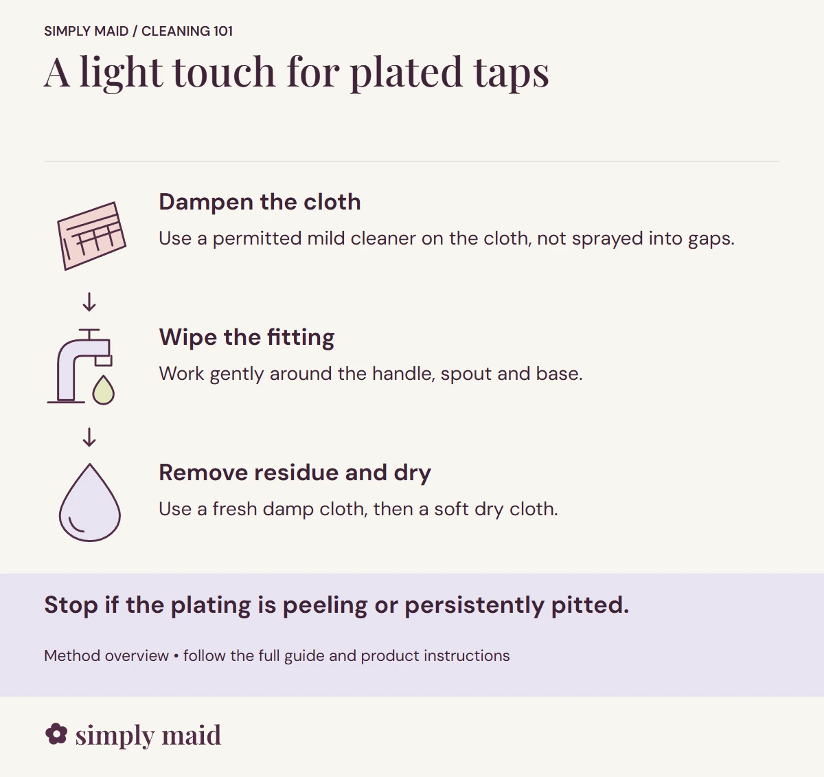 A light touch for plated taps. Stop if the plating is peeling or persistently pitted.