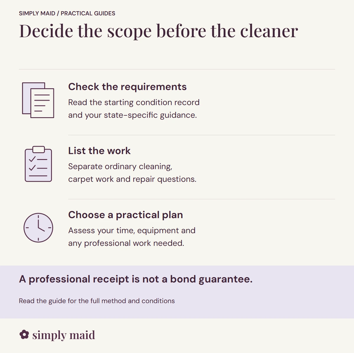 Decide the scope before the cleaner. A professional receipt is not a bond guarantee.