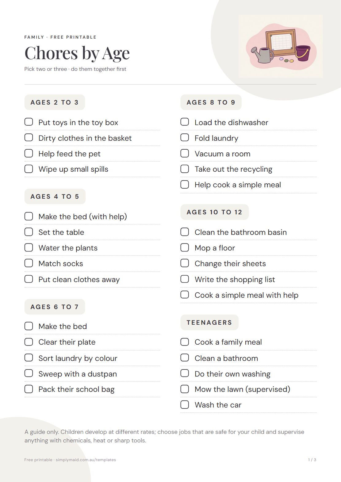 Chore Chart for Kids, page 1 of 3 (Neutral)