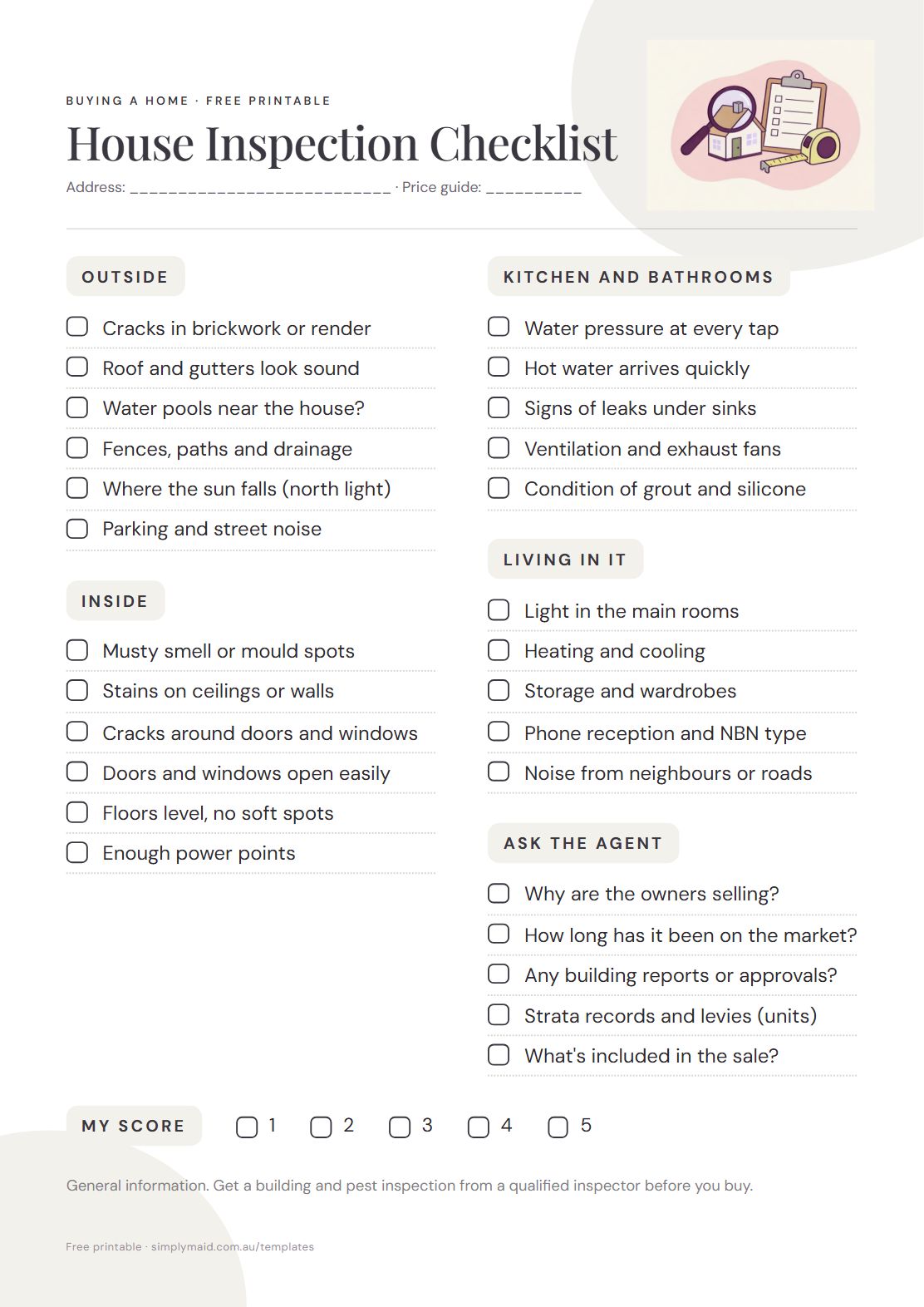 House Inspection Checklist, page 1 of 1 (Neutral)