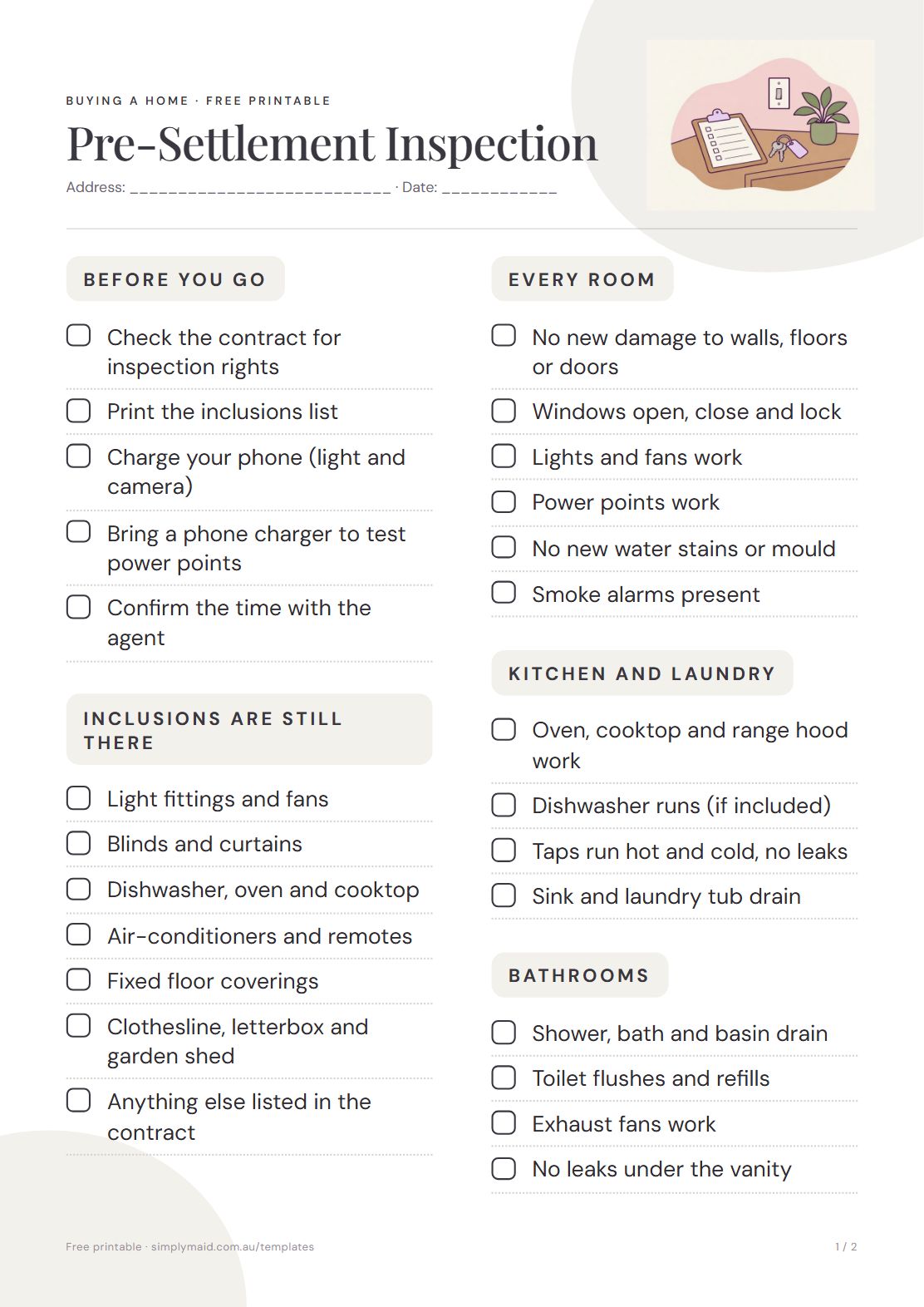 Pre-Settlement Inspection Checklist, page 1 of 2 (Neutral)