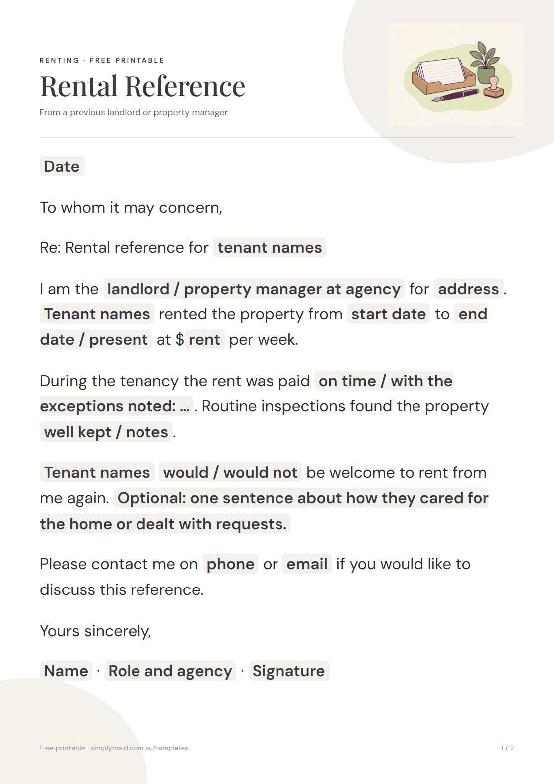 Rental Reference Letter, page 1 of 2 (Neutral)